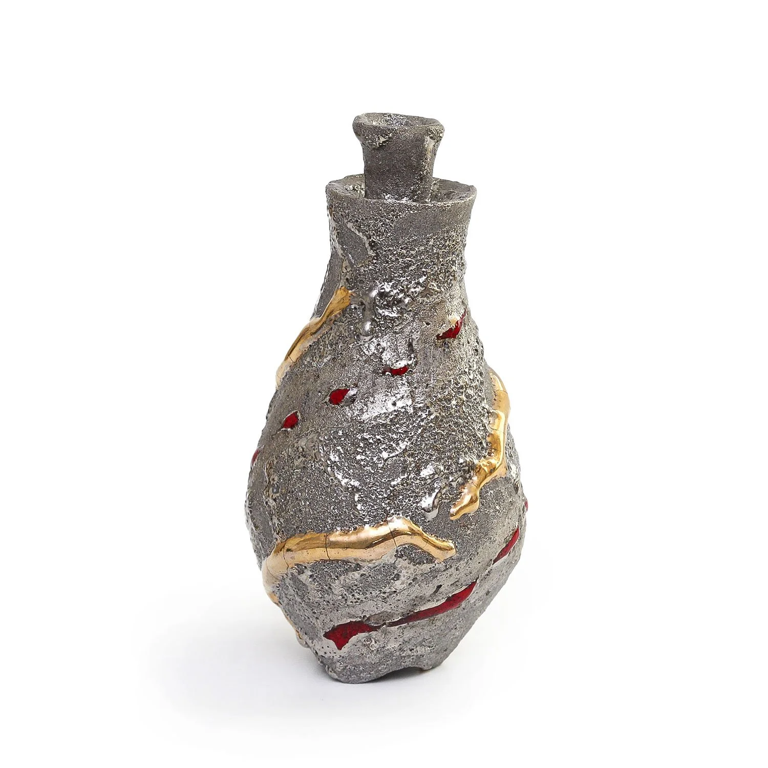 Toro Ichikawa - Silver and Gold Luster Sake Bottle with Signed Box